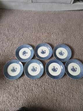 Vintage Currier and Ives dishes Blue Steamboat 6 inch saucers Set Lot 7